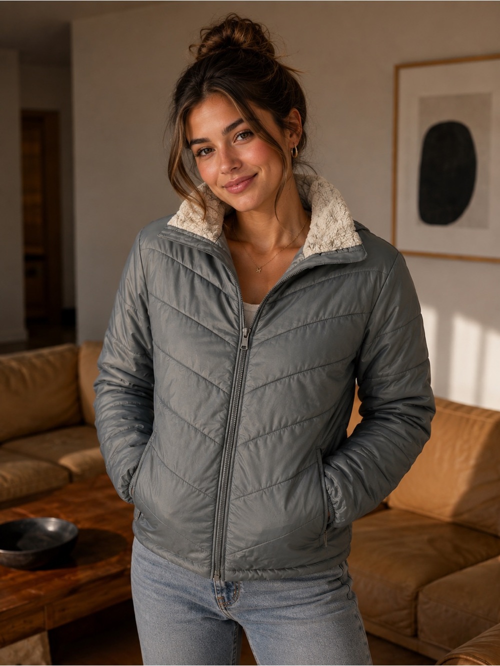 Columbia Gray Quilted Puffer Jacket with Sherpa Collar